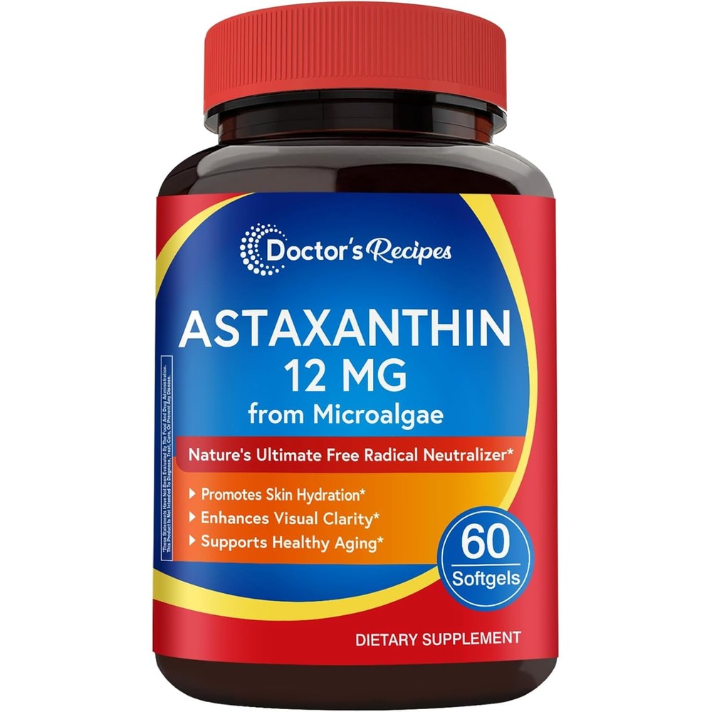 Doctor's Recipes Astaxanthin twelve milligrams sixty softgels front bottle view for antioxidant support