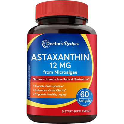 Doctor's Recipes Astaxanthin twelve milligrams sixty softgels front bottle view for antioxidant support