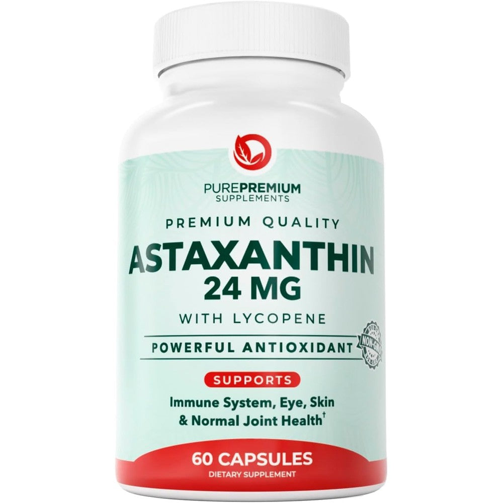 Healing Awakening PurePremium Astaxanthin supplement bottle front view for premium antioxidant care.