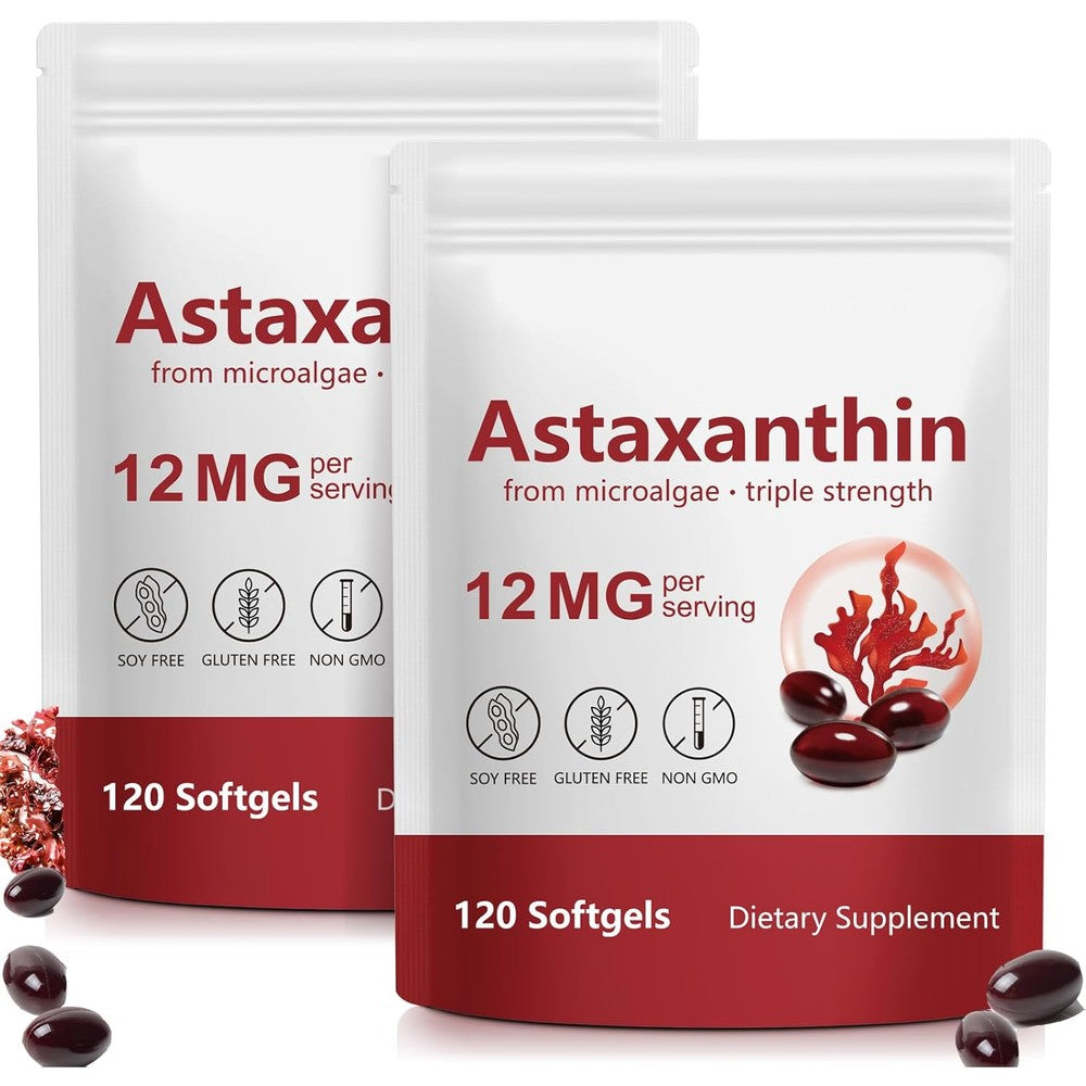Vita-NuAge Nutrition SDJUFEI Astaxanthin 12mg 2 pack front bottle view for authentic USA antioxidant supplements.