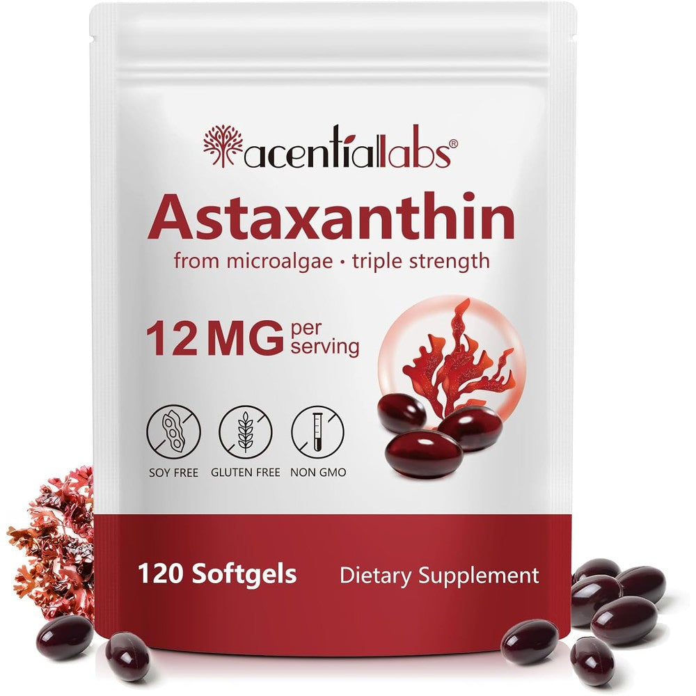 Body Juice Oil AUIWQWFI Astaxanthin twelve milligram one hundred and twenty softgels front packaging showing natural antioxidant health benefits.