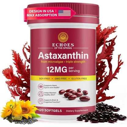 Echoes of the Spring Astaxanthin 12mg 120 softgels front view bottle for natural antioxidant support.