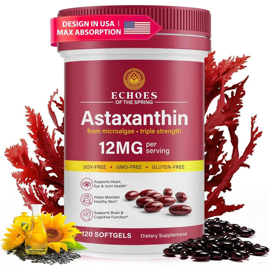 Echoes of the Spring Astaxanthin 12mg 120 softgels front view bottle for natural antioxidant support.