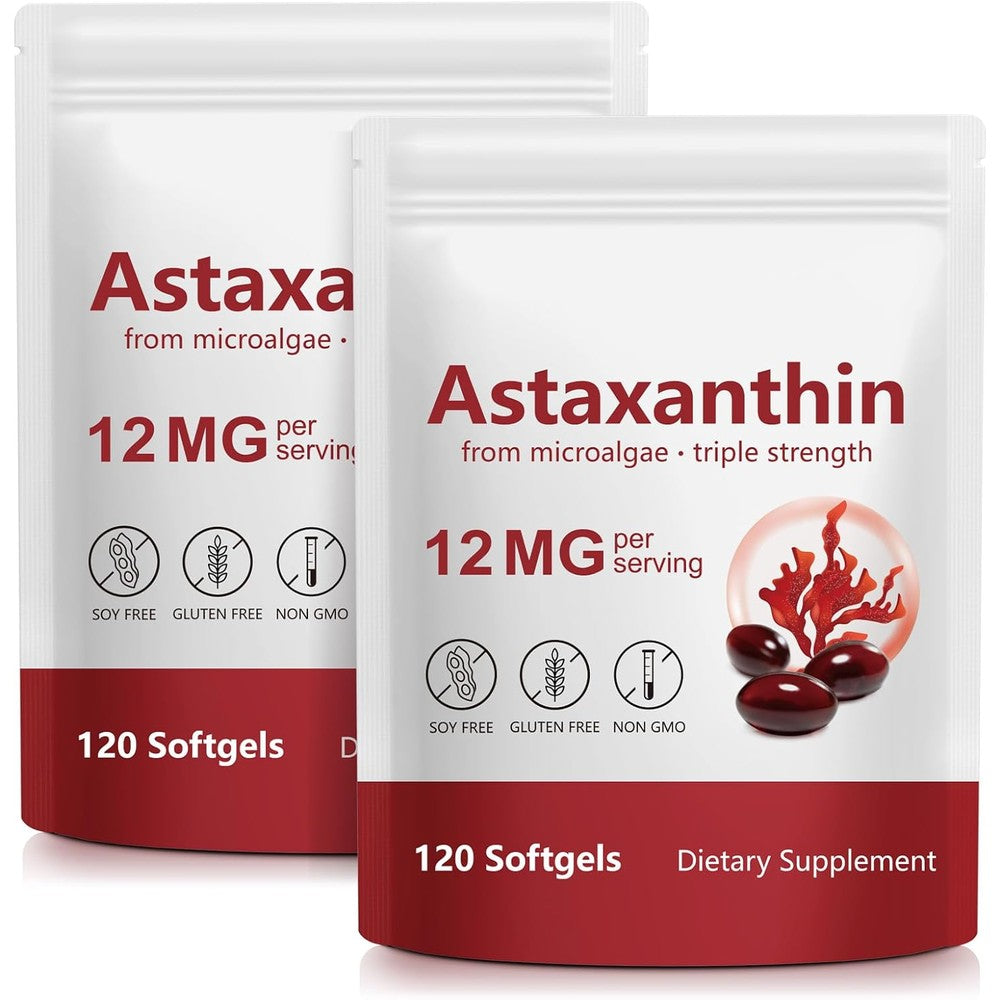 Itsdawn Astaxanthin 12mg front view of the two pack packaging showing the supplement bottle label detailing antioxidant benefits.