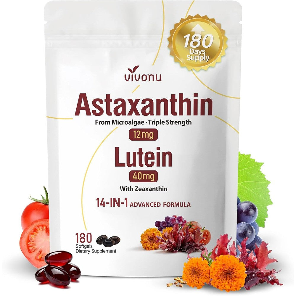 VivoNu 14-in-1 Astaxanthin and Lutein 180 softgels bottle front view displaying eye support benefits