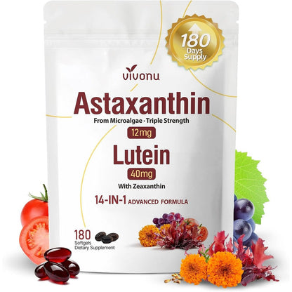 VivoNu 14-in-1 Astaxanthin and Lutein 180 softgels bottle front view displaying eye support benefits
