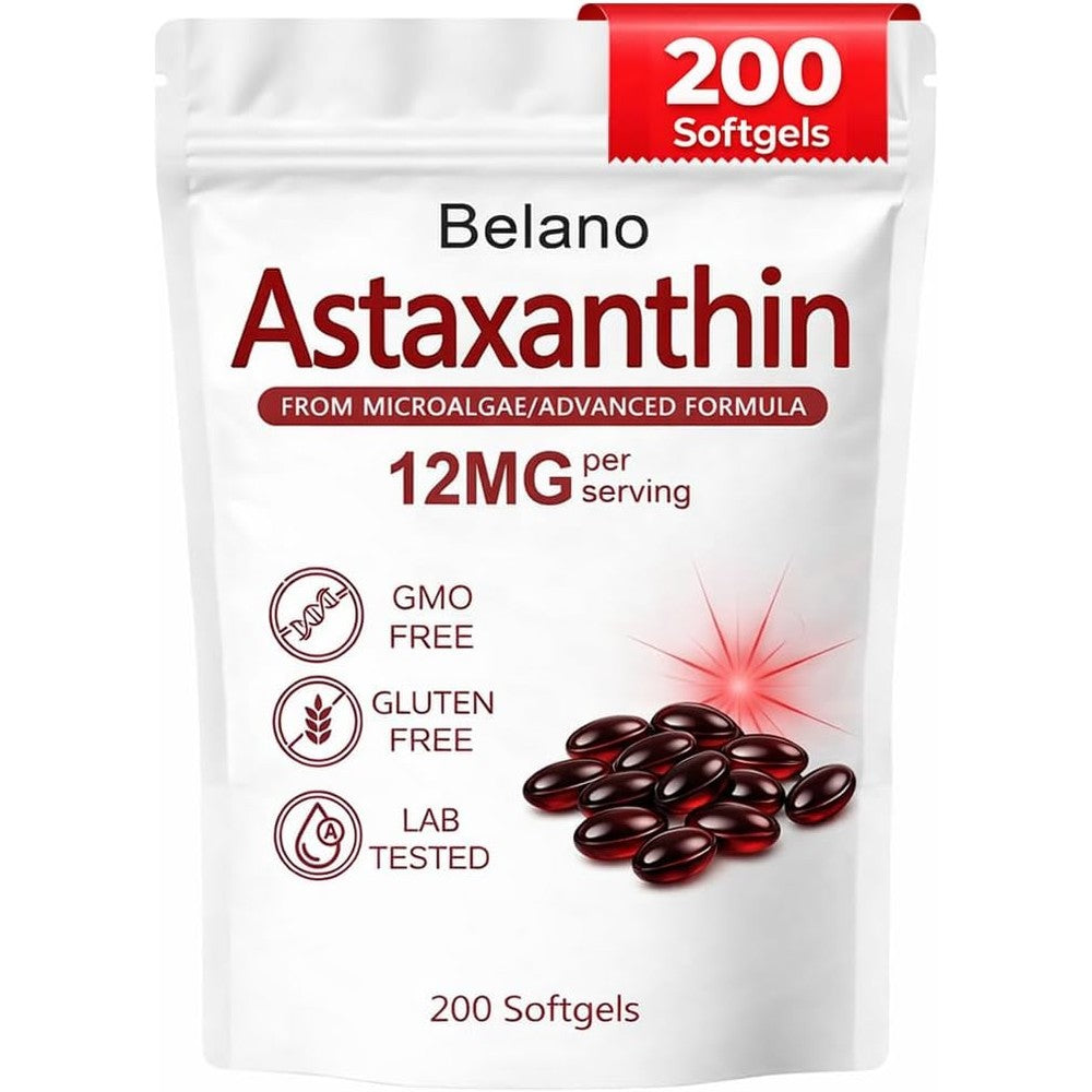 Belano's Astaxanthin twelve milligram two hundred softgels bottle front view