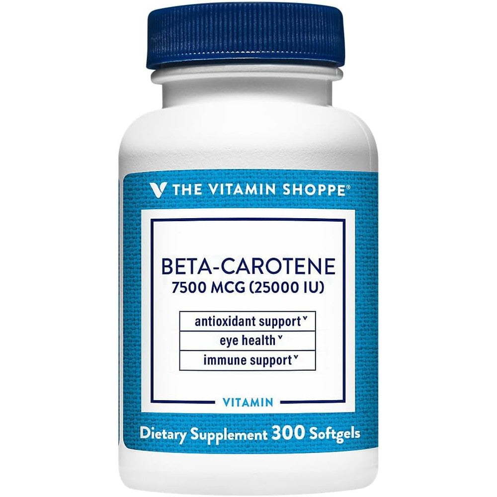 The Vitamin Shoppe Beta-Carotene 25000 IU softgels front view dietary supplement bottle