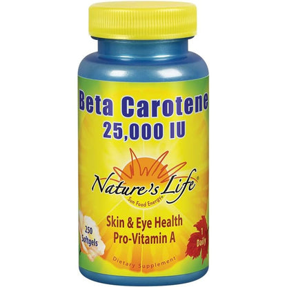 Nature's Life Beta Carotene 25000 IU bottle front view for premium eye and skin health support