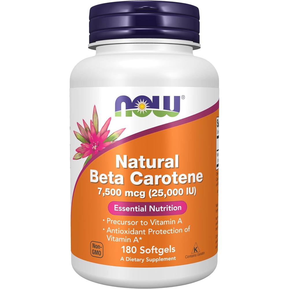 NOW Foods Natural Beta Carotene 25000 IU front view bottle of dietary supplement for eye health