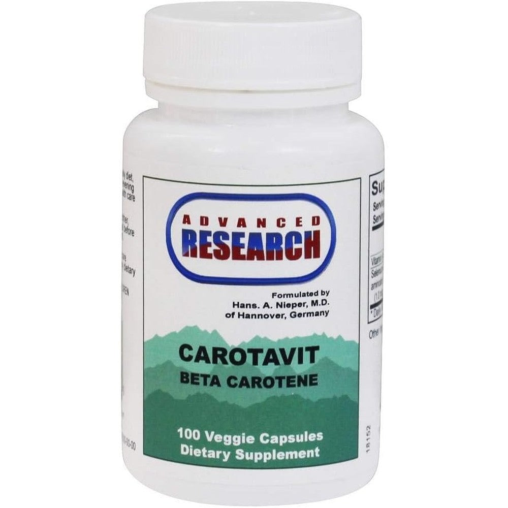 Advanced Research Carotavit Beta Carotene 100 veggie capsules front bottle view for antioxidant support.