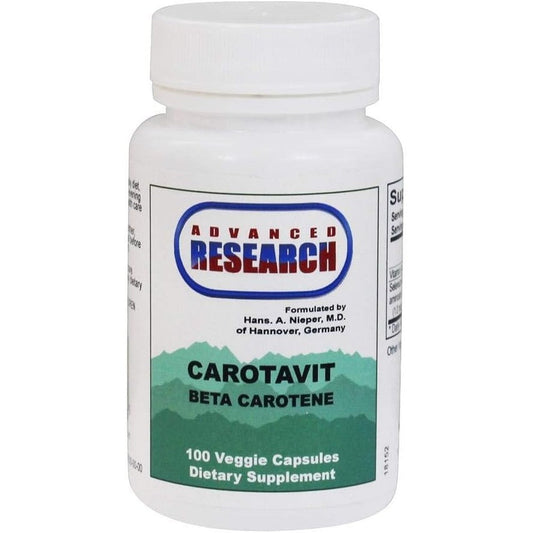 Advanced Research Carotavit Beta Carotene 100 veggie capsules front bottle view for antioxidant support.