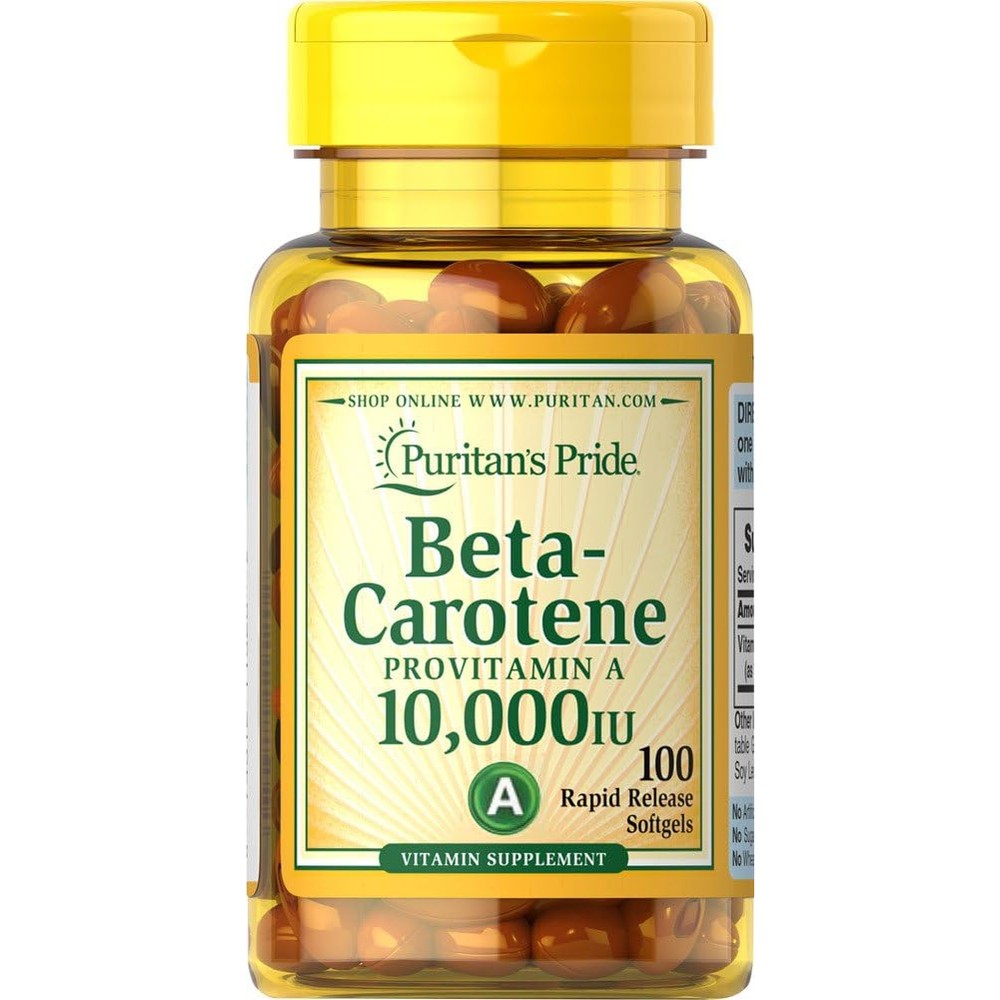 Puritan's Pride Beta-Carotene 10,000 IU 100 softgels front view bottles for immune support.