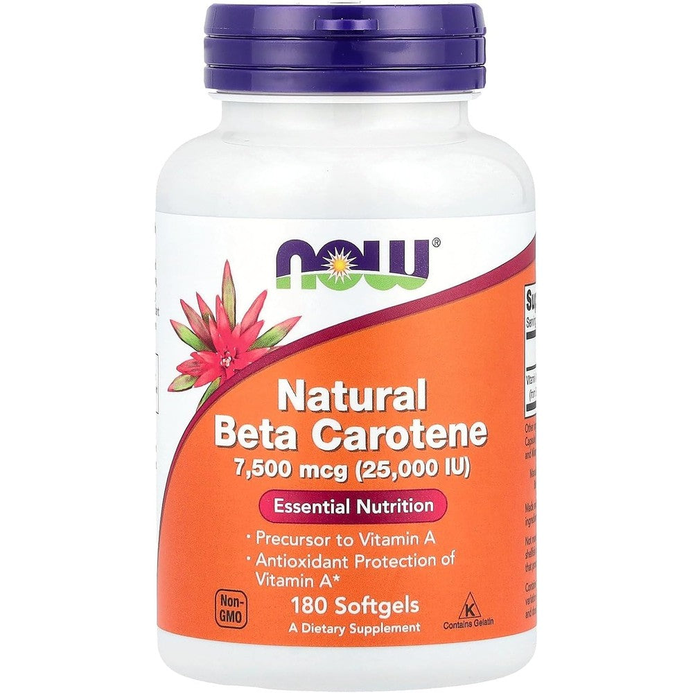 NOW Foods Natural Beta Carotene 180 softgels bottle front view displaying antioxidant support benefits