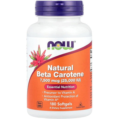 NOW Foods Natural Beta Carotene 180 softgels bottle front view displaying antioxidant support benefits