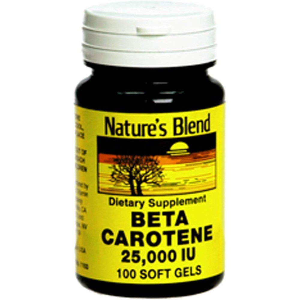 Nature's Blend Beta Carotene 25,000 IU 100 Softgels bottle front view showcasing antioxidant benefits.