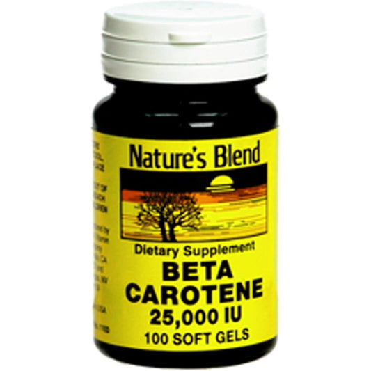 Nature's Blend Beta Carotene 25,000 IU 100 Softgels bottle front view showcasing antioxidant benefits.