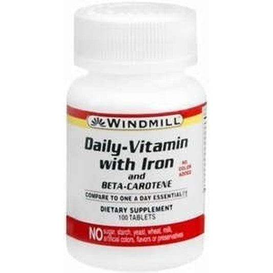 Windmill Daily Vitamin with Iron and Beta-Carotene 100 tablets front view bottle packaging
