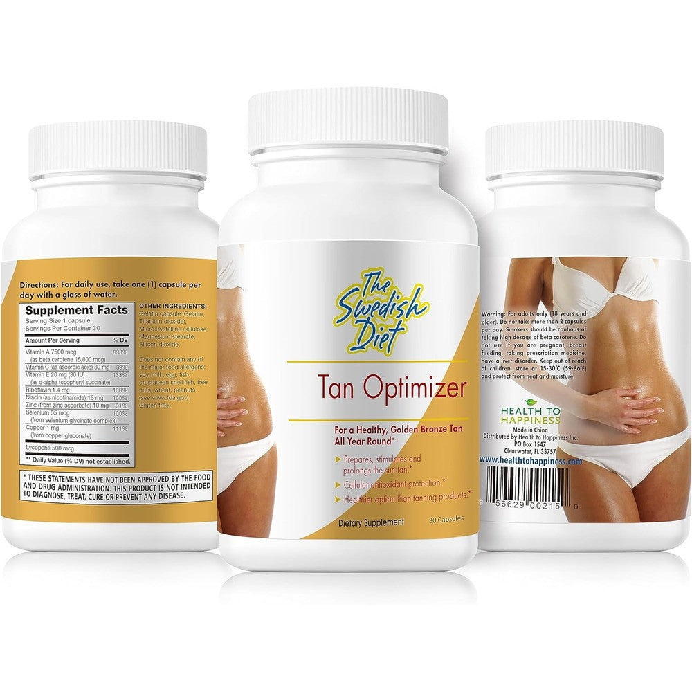 The Swedish Diet Tan Optimizer front view bottle showing 30 capsules text