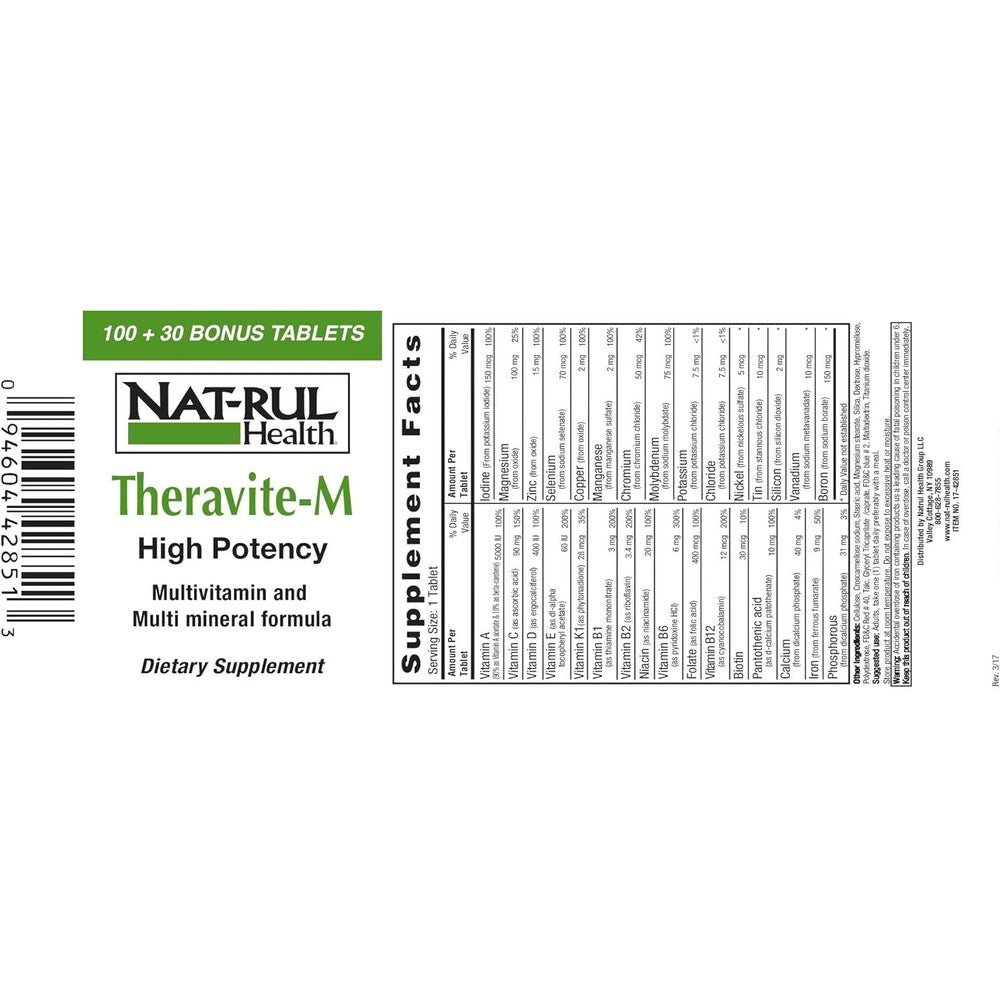Nat-Rul Health Theravite M high potency multivitamin 130 tablets front view bottle packaging