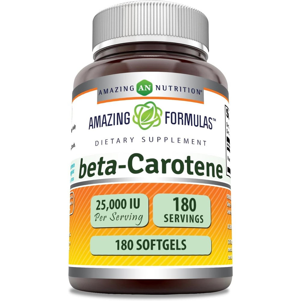 Amazing Nutrition Amazing Formulas Beta-Carotene 25000 IU front view bottle showing 180 softgels