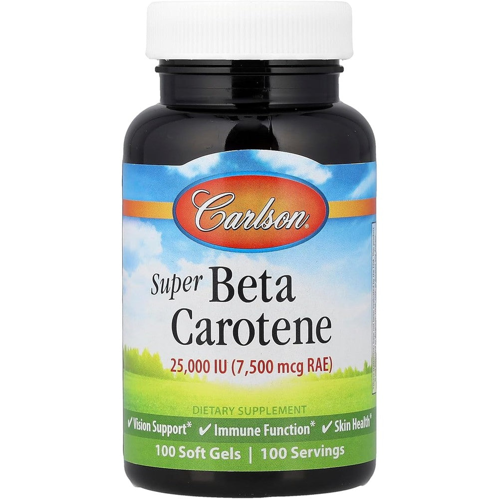 Carlson Super Beta Carotene 100 softgels bottle front view for vision health support