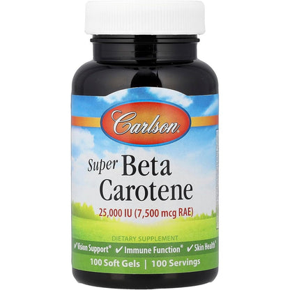 Carlson Super Beta Carotene 100 softgels bottle front view for vision health support