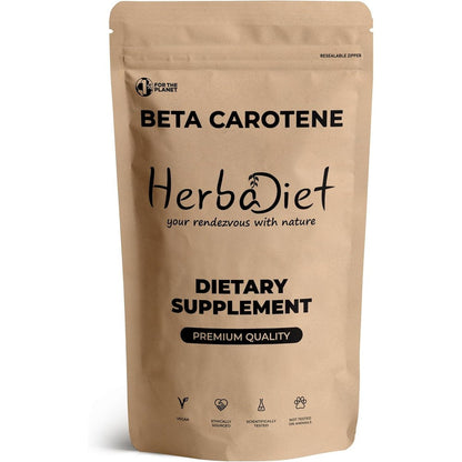 Herbadiet Beta Carotene 10 Percent Vitamin A 25000 IU Powder front view showing the resealable wellness supplement packaging.