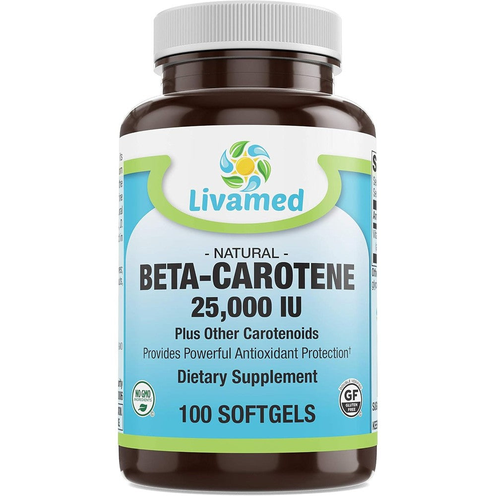 Livamed Natural Beta Carotene 25000 IU softgels bottle front view eye supplement