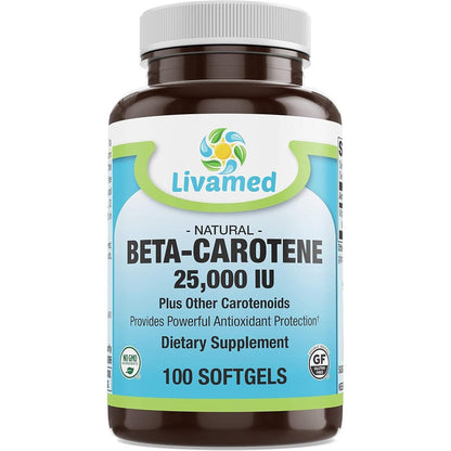 Livamed Natural Beta Carotene 25000 IU softgels front view bottle for eye health support.