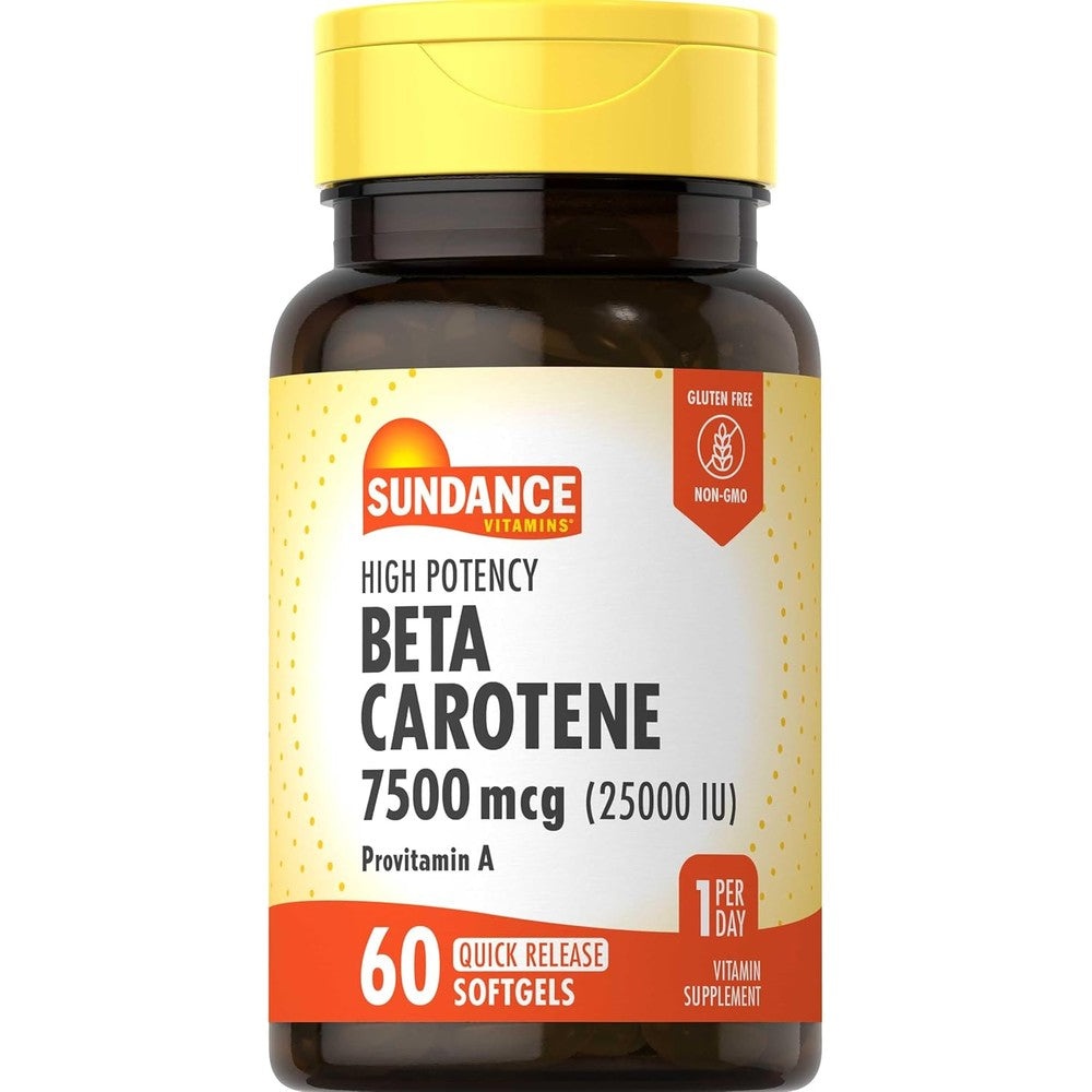Sundance Vitamins Beta Carotene 7500mcg 60 softgels front bottle view showing high potency provitamin A label