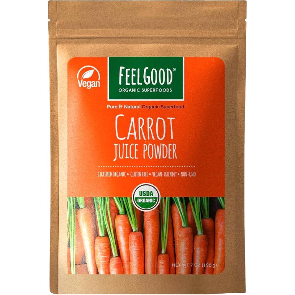 FeelGood Organic Superfoods Carrot Juice Powder front view packaging showing organic health supplement certifications.