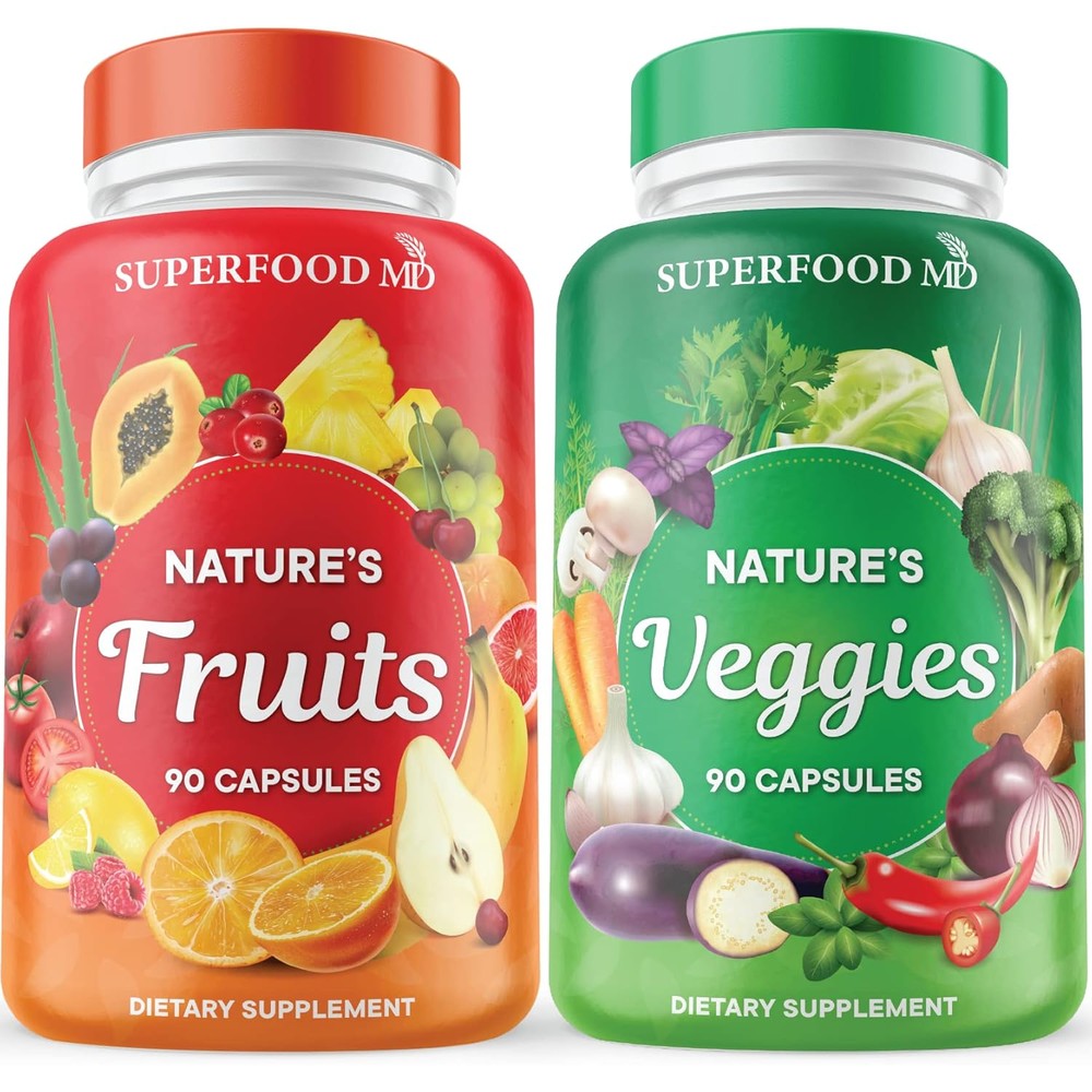Superfood MD Fruits and Veggies Supplement twin pack front view showing product labels.