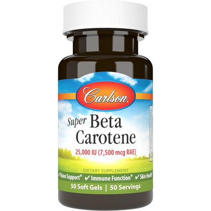 Carlson Laboratories Super Beta Carotene 50 softgels front bottle view for antioxidant support.