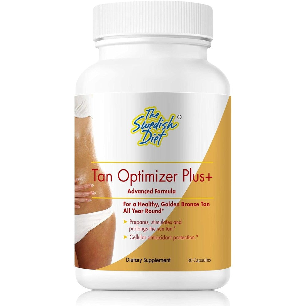 The Swedish Diet Tan Optimizer Plus bottle front view showcasing premium skin health supplement capsules