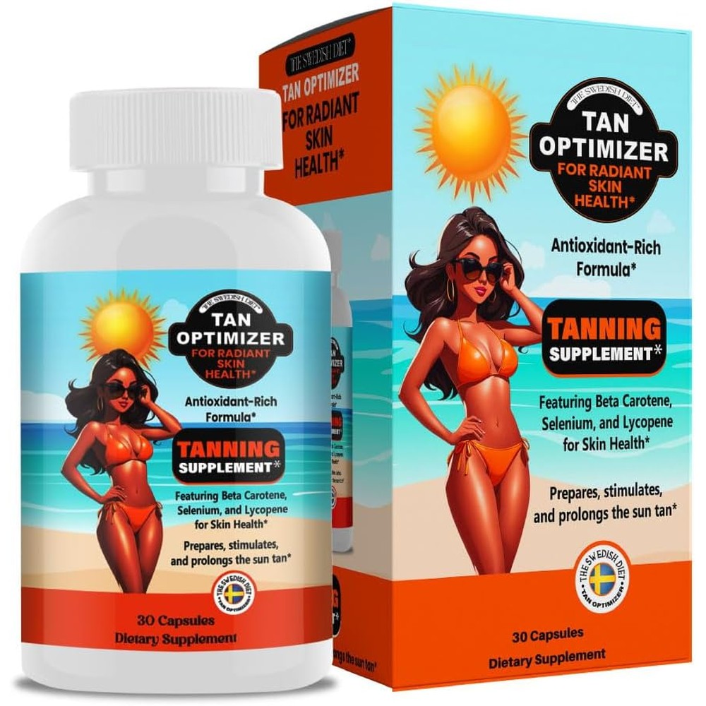 The Swedish Diet Tan Optimizer 30 capsules front view bottle showing premium USA imported tanning supplement