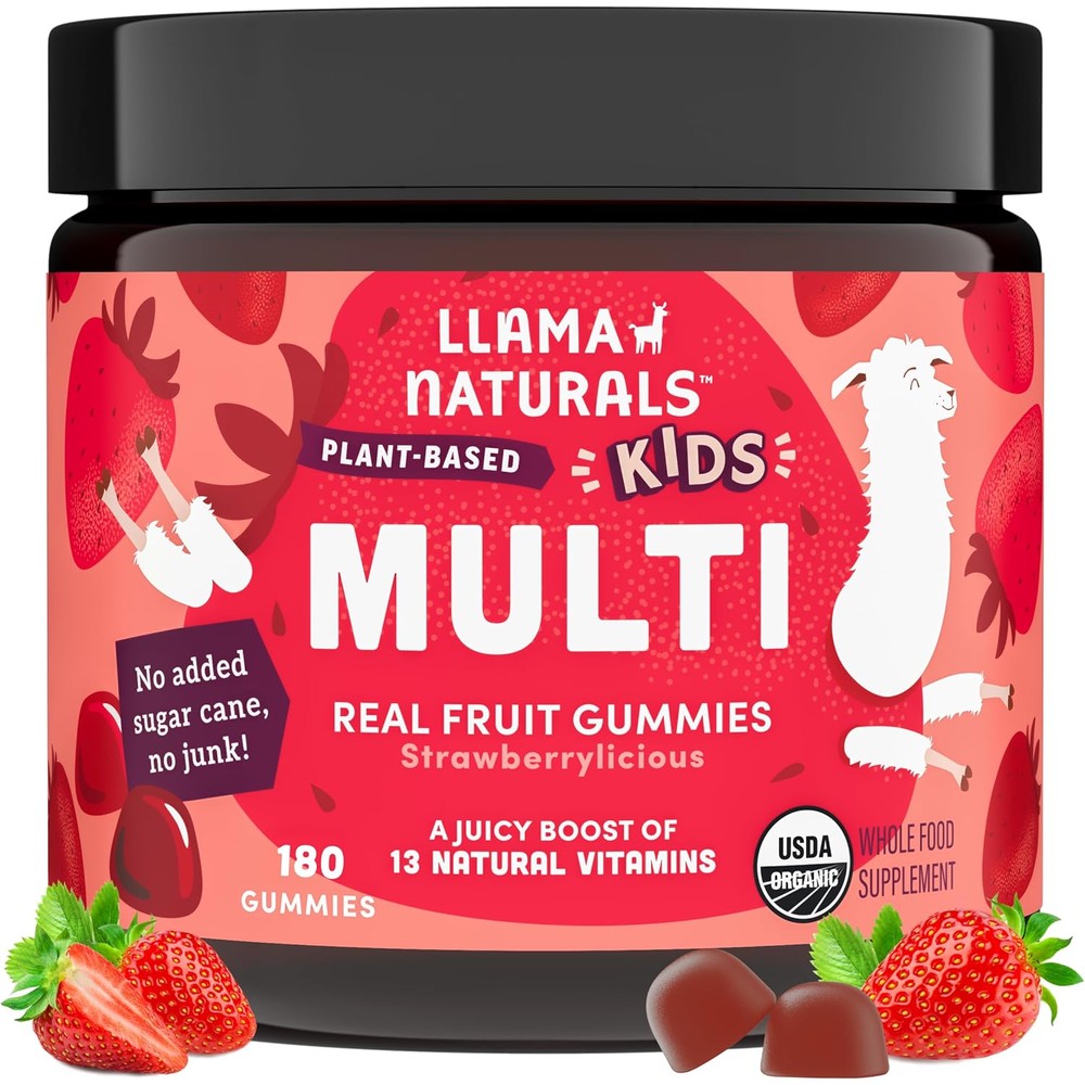 Llama Naturals Kids Real Fruit Multivitamin Gummies front bottle view for children nutrition
