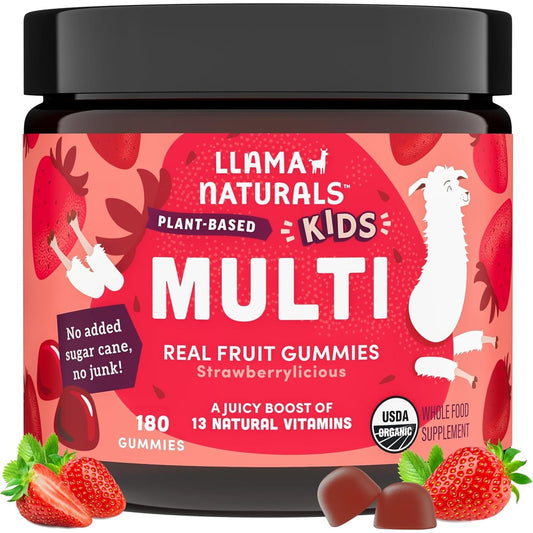 Llama Naturals Kids Real Fruit Multivitamin Gummies front bottle view for children nutrition