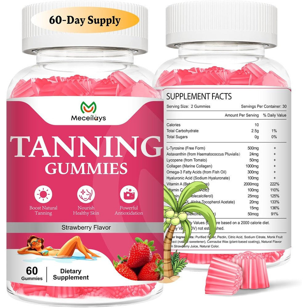 RE/SKIN Daily Tanning Gummies front view showing the strawberry flavored supplement packaging for a sunless glow.