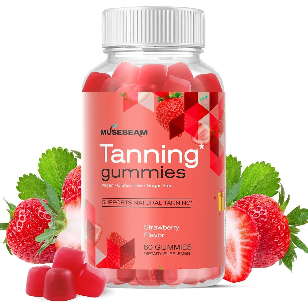 MuseBeam Tanning Gummies for Women front view showing the bottle containing sixty chews.