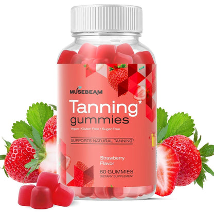 MuseBeam Tanning Gummies for Women front view showing the bottle containing sixty chews.