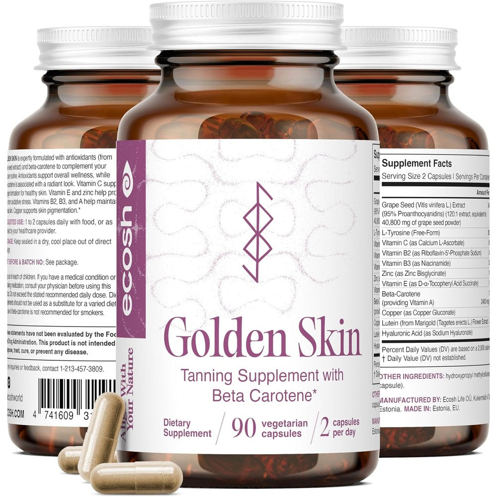 Ecosh Golden Skin Tanning Supplement bottle front view showing 90 capsules label for natural skin pigmentation.
