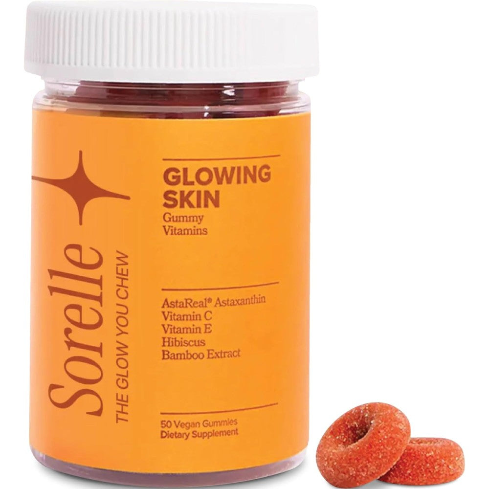 Sorelle Beauty Glowing Skin Tanning Gummies front view bottle of sunless glow vitamins