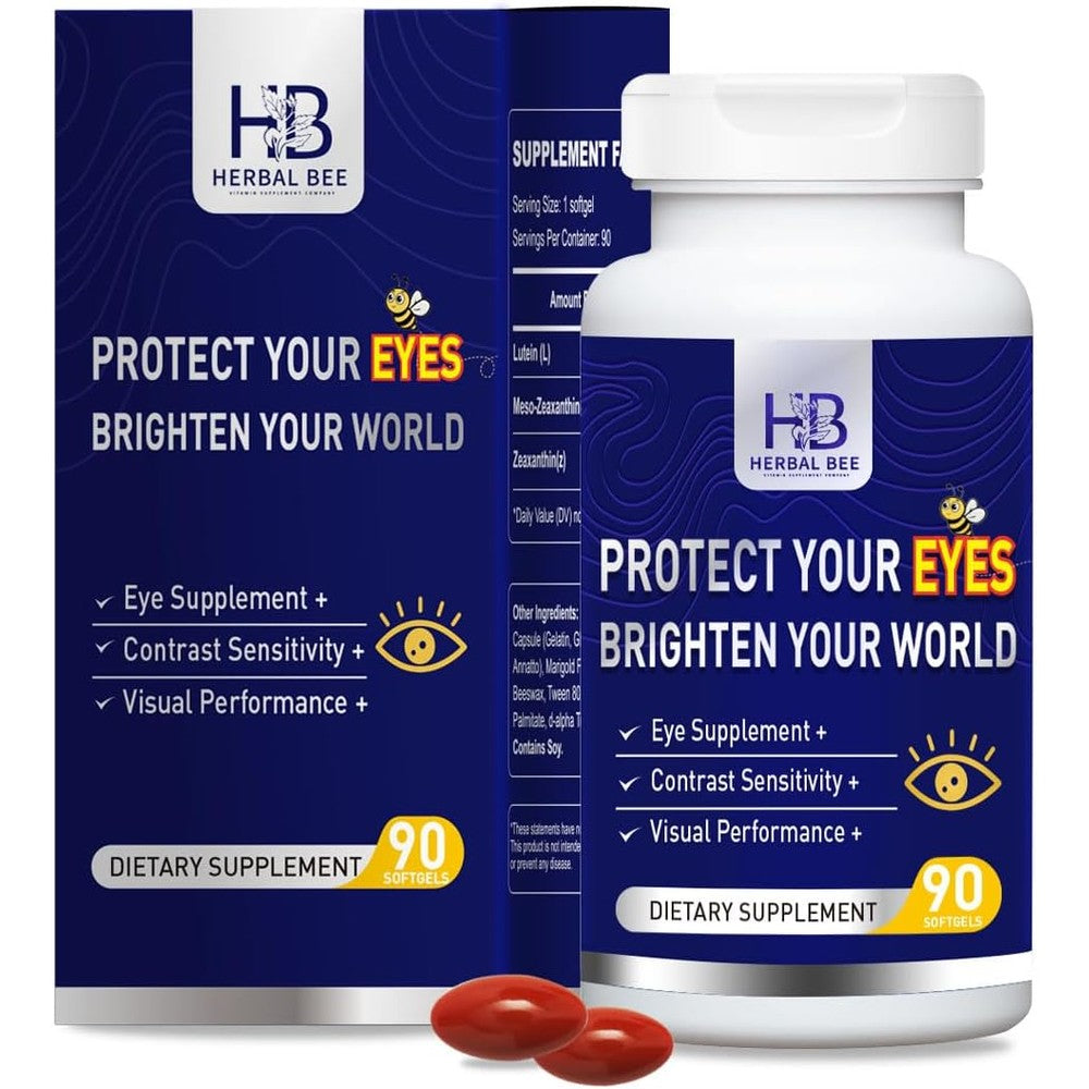 Herbal Bee Eye Supplement bottle front view with Lutein and Zeaxanthin.