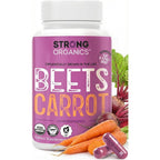 Strong Organics beet root and carrot juice capsules front view packaging