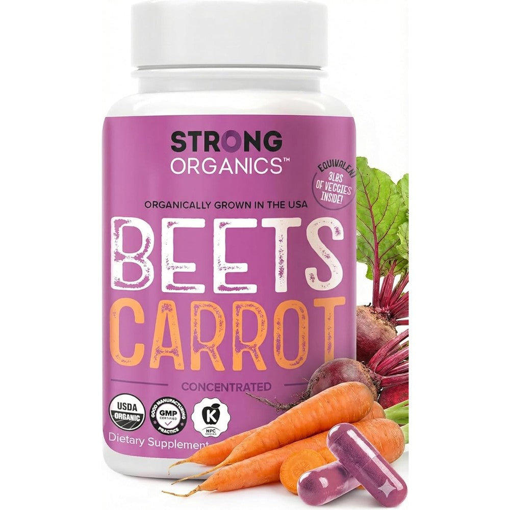 Strong Organics Beet Root and Carrot Juice Capsules front of bottle