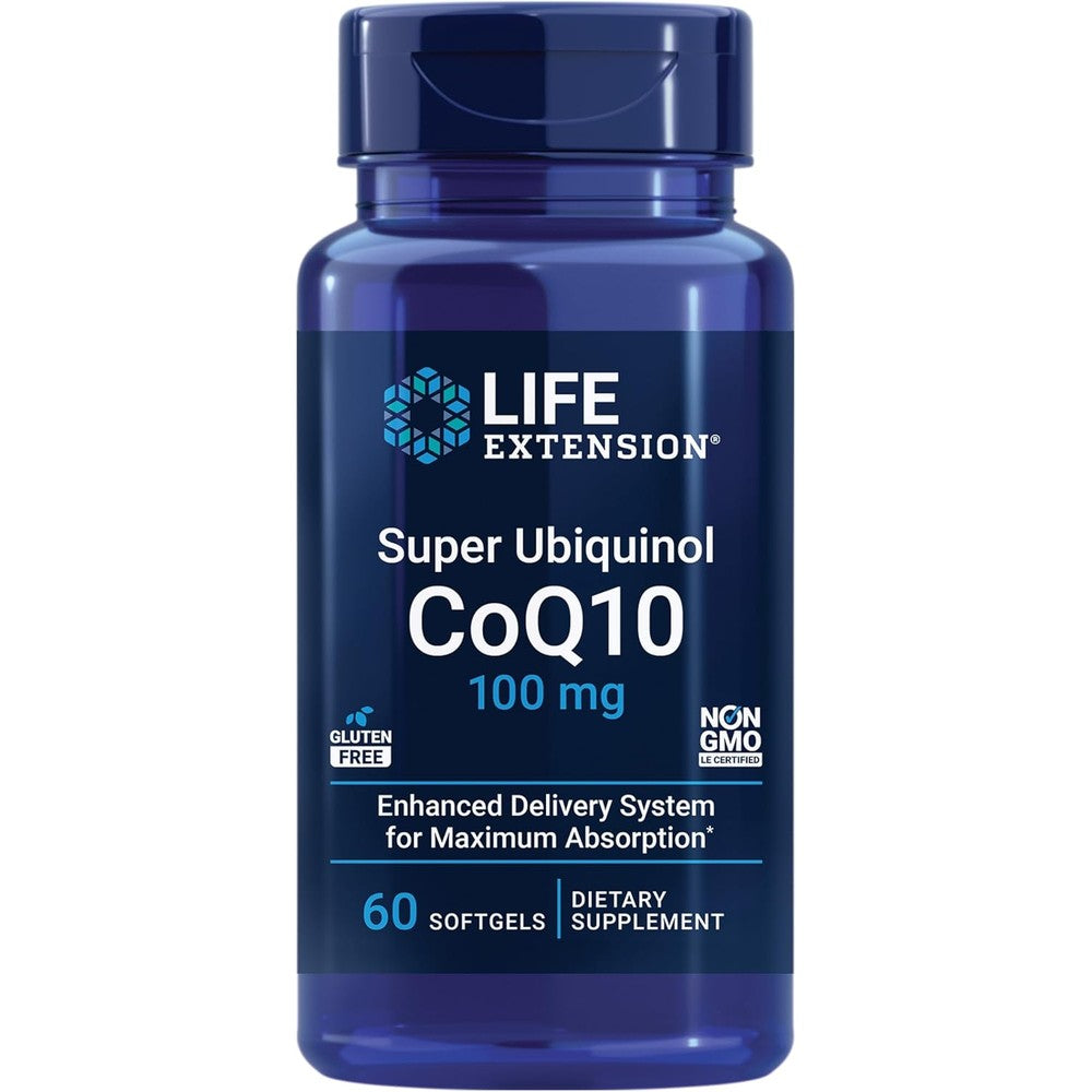 Life Extension Super Ubiquinol CoQ10 100 mg 60 softgels bottle front view for cardiovascular wellness