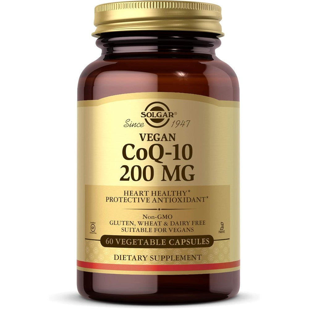 Solgar Vegetarian CoQ-10 200 mg front view bottle showing 60 vegetable capsules for heart health support
