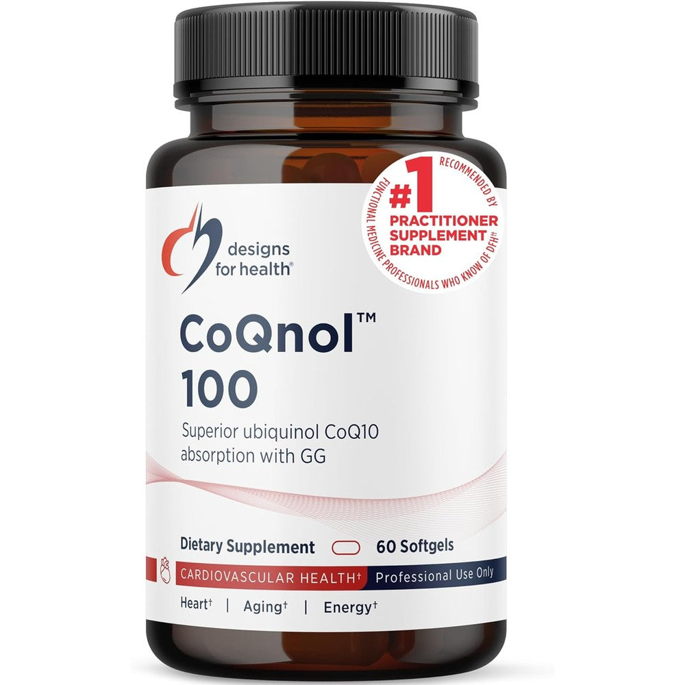 Designs for Health CoQnol 100 Milligrams bottle front view showing premium packaging for heart health.