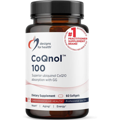Designs for Health CoQnol 100 Milligrams bottle front view showing premium packaging for heart health.